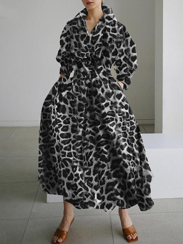 Robe longue boutonnée taille haute, à manches longues, à imprimé léopard, à col revers