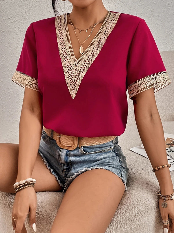 T-shirt décontracté ample en dentelle, à empiècements, à col en V