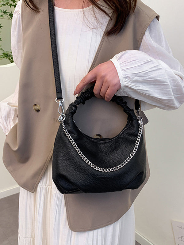 Sac à main plissé à chaîne, à fermeture éclair, couleur unie