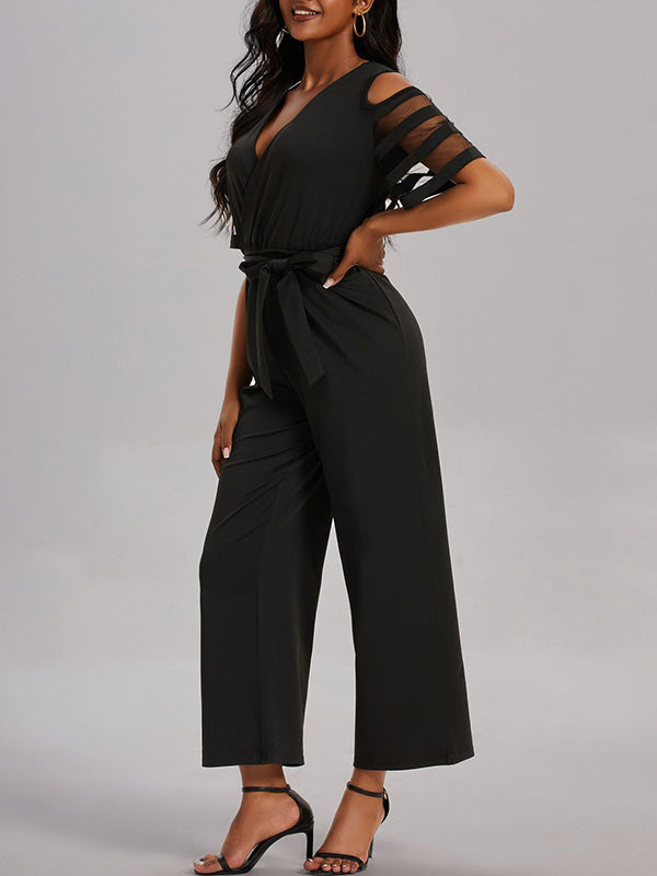 Combinaison ample ajourée taille haute, en résille, à taille nouée, à col en V, couleur unie