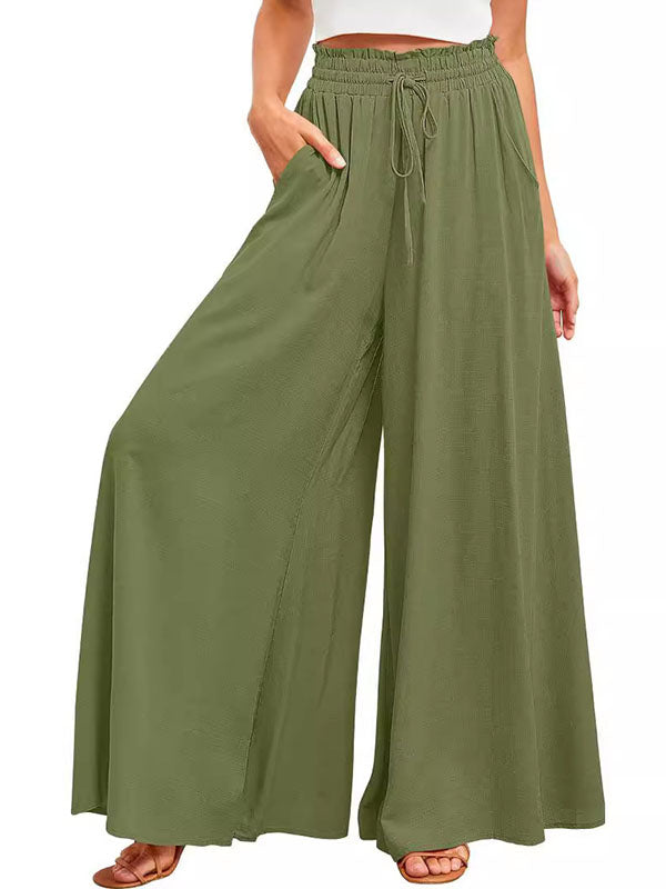 Pantalon ample taille haute, à cordon de serrage, à taille élastique, à poches, couleur unie