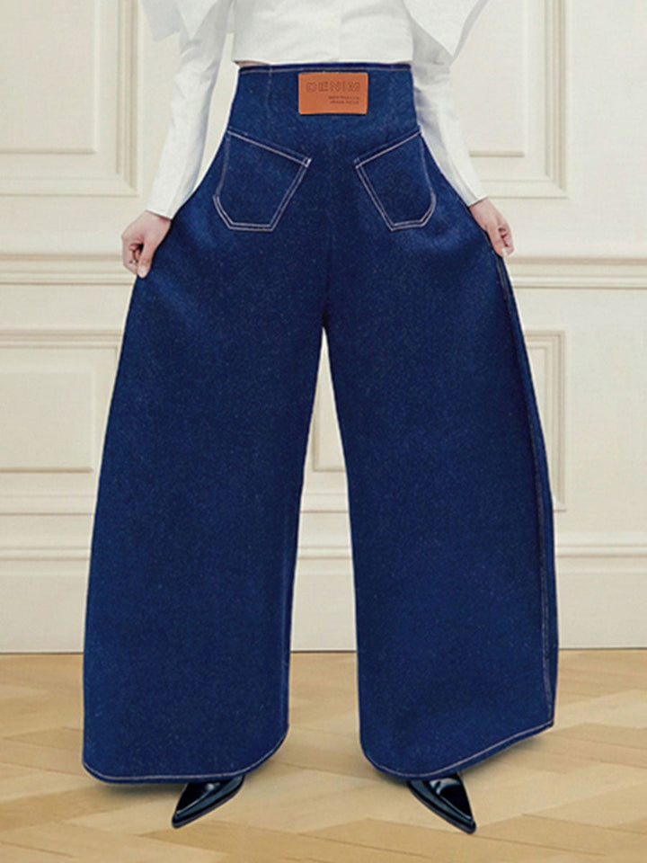 Jean ample taille haute, à taille élastique, à poches, à fermeture éclair, couleur unie