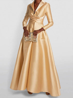 Robe longue plissée coupe trapèze, taille haute, à col en V, couleur unie