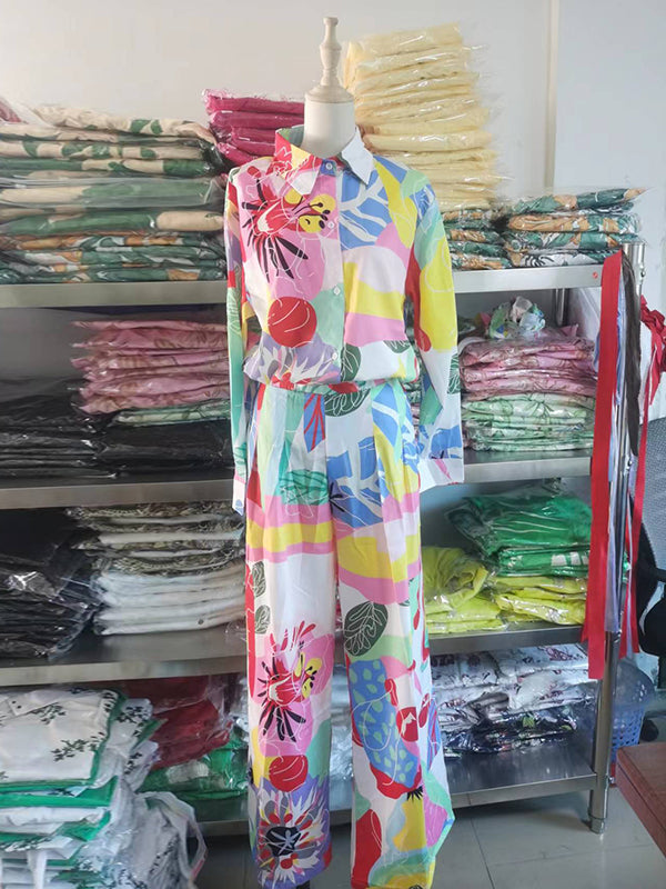 Ensemble deux pièces imprimé boutonné à manches longues, à col revers, taille haute, couleur contrastée – chemisier + pantalon