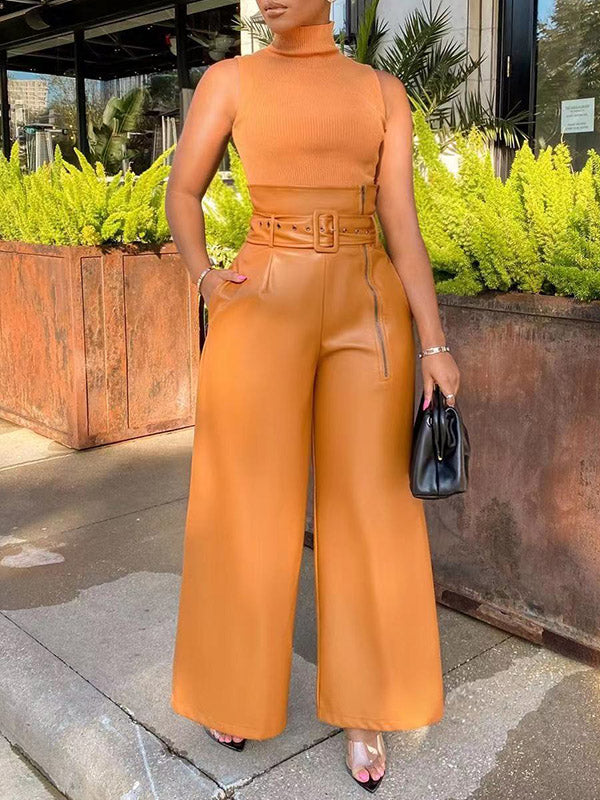 Pantalon taille haute, à jambes larges, avec ceinture, à fermeture éclair, couleur unie
