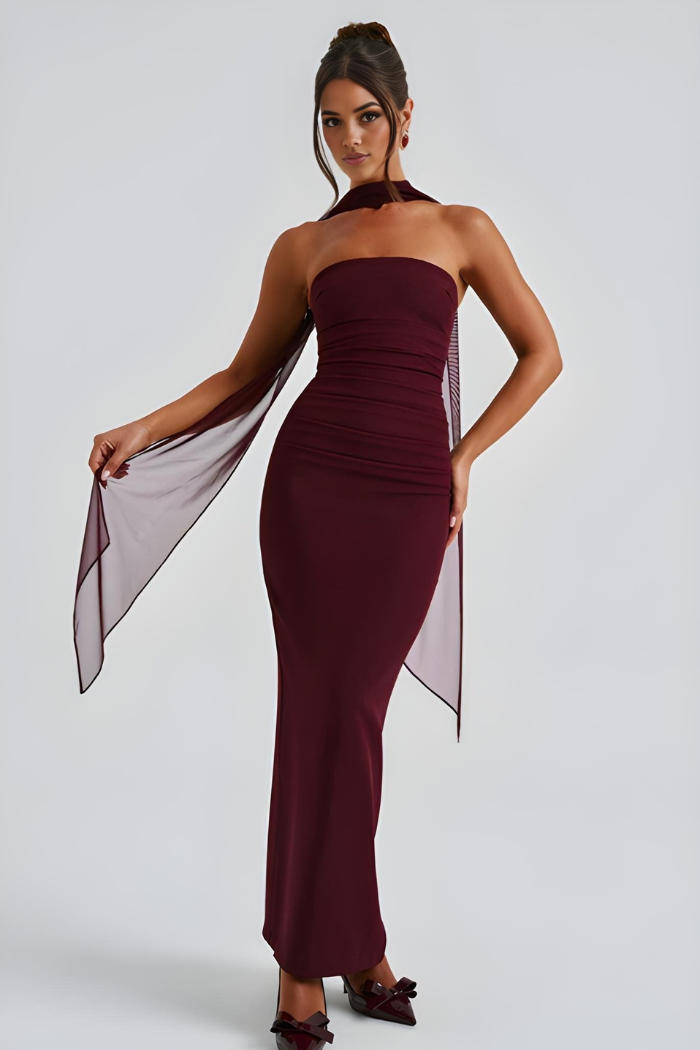 Deborah - Robe maxi bandage sans bretelles avec drapé en chiffon