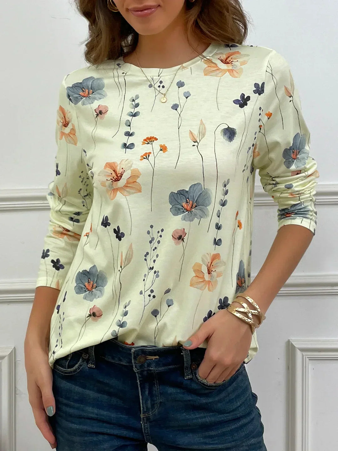 T-shirt à motifs floraux et col rond pour femmes