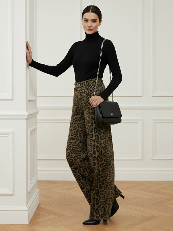 Pantalon urbain à imprimé léopard, patchwork, à jambes larges