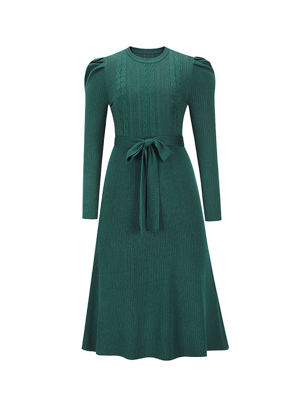 Robe pull taille haute, à manches longues, à taille nouée, à col rond, couleur unie