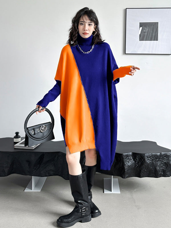 Robe pull mi-longue asymétrique à manches chauve-souris et col haut, couleur contrastée