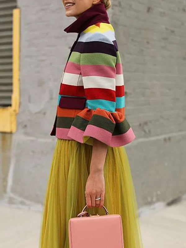 Veste multicolore rayée à manches évasées, à col revers