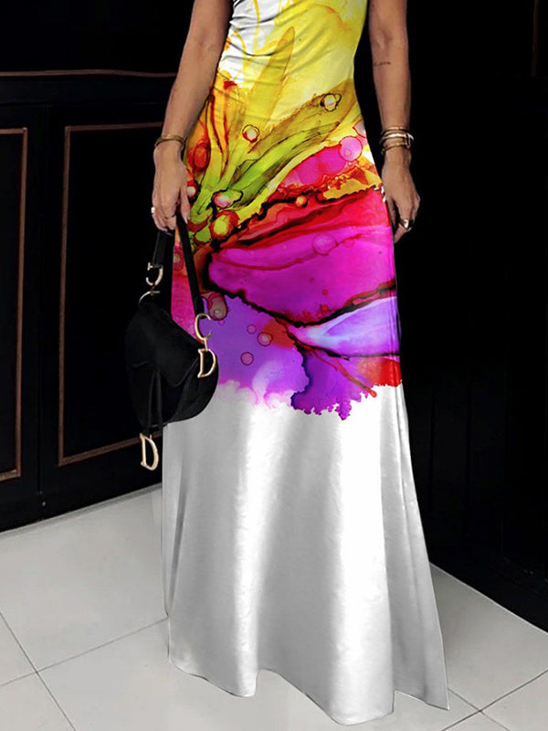 Robe longue coupe près du corps, sans manches, à imprimé floral, à col haut