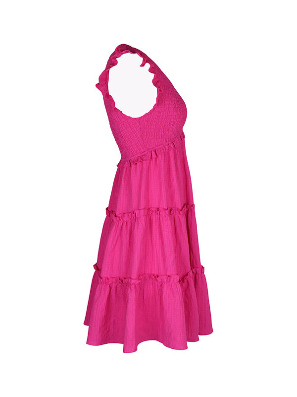 Robe courte ample sans manches, à bordure volantée, à empiècements, à décolleté en V profond, couleur unie