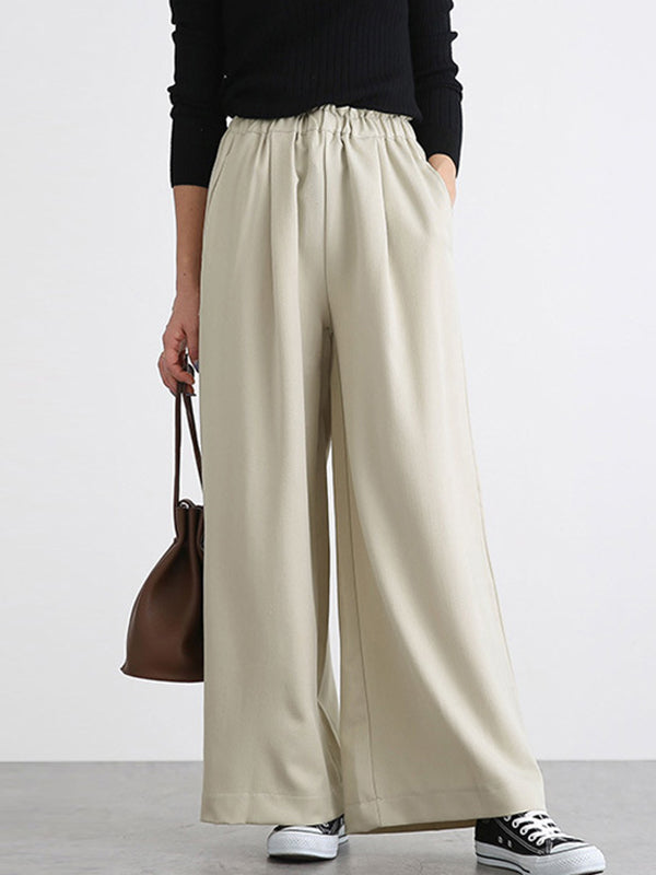 Pantalon taille haute à jambes larges, élastique, couleur unie, à empiècements, large côté