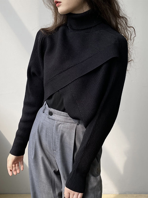 Pull asymétrique à manches longues, couleur unie, fendu sur le devant, col haut, pull en tricot
