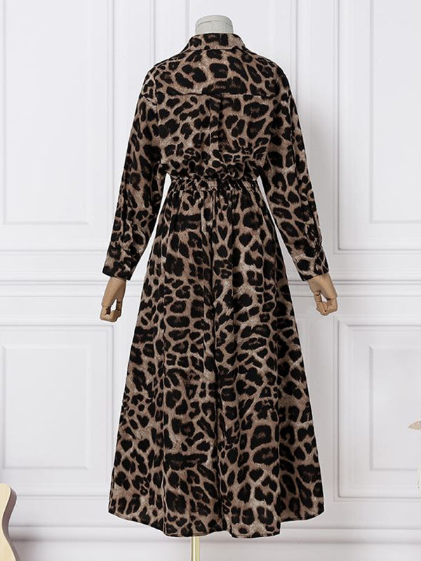 Robe longue boutonnée taille haute, à manches longues, à imprimé léopard, à col revers