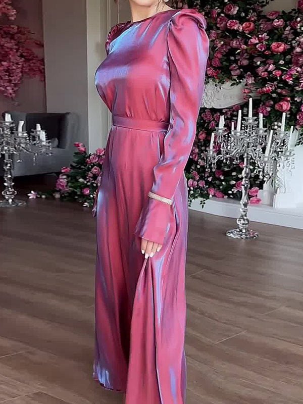 Robe longue plissée coupe trapèze, à manches longues, à taille nouée, à fermeture éclair, à col rond, couleur unie