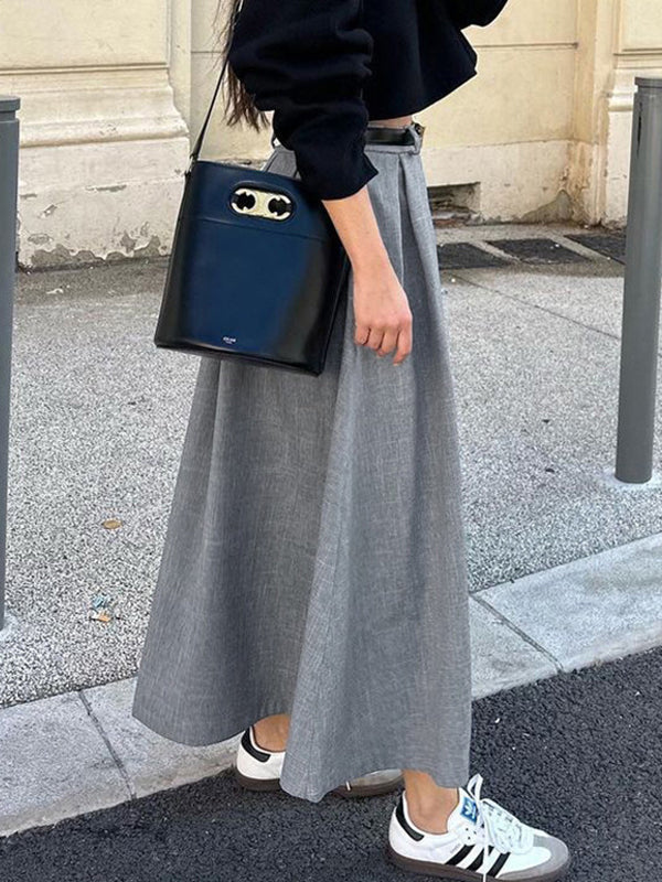 Jupe plissée coupe trapèze, taille haute, sans ceinture, couleur unie