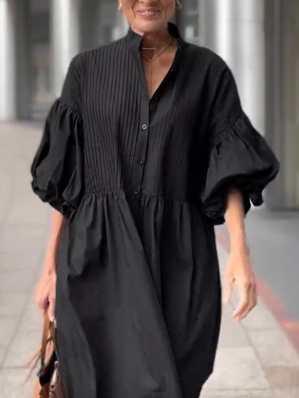 Robe longue boutonnée plissée ample à taille nouée, à manches mi-longues, à col montant, couleur unie