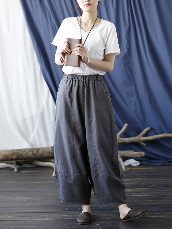 Pantalon large à taille élastique de couleur unie simple