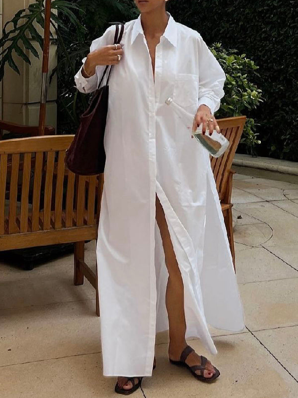 Robe chemise longue à manches longues, ample, boutonnée, couleur unie, revers fendu sur le côté