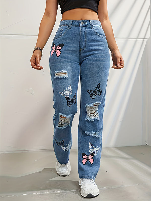 Jean déchiré taille haute, à imprimé papillons, à franges, à empiècements