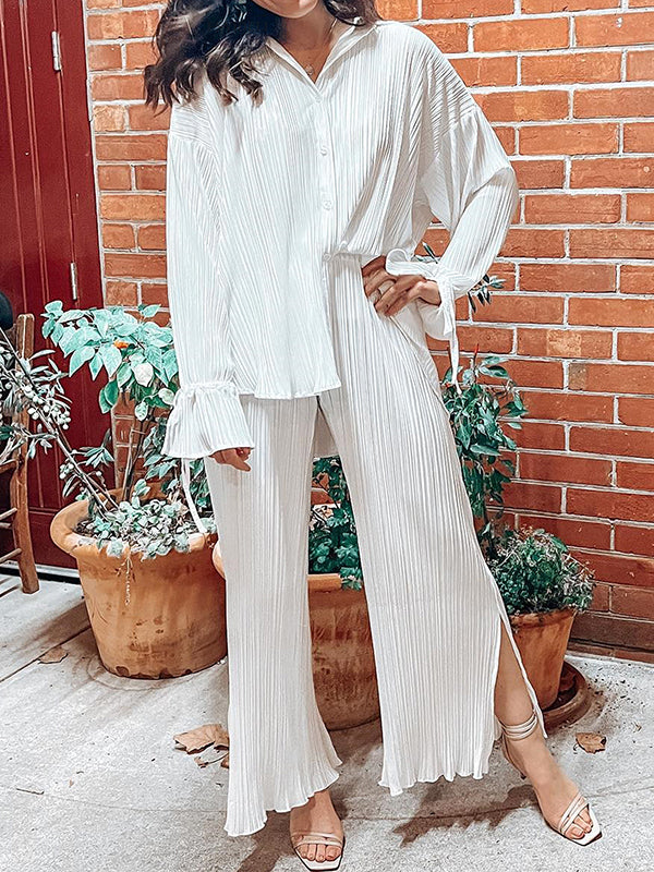 Ensemble pyjama à manches longues, manches évasées, boutonné, cordon de serrage plissé, couleur unie, chemises à revers fendues sur le côté, haut + pantalon, bas