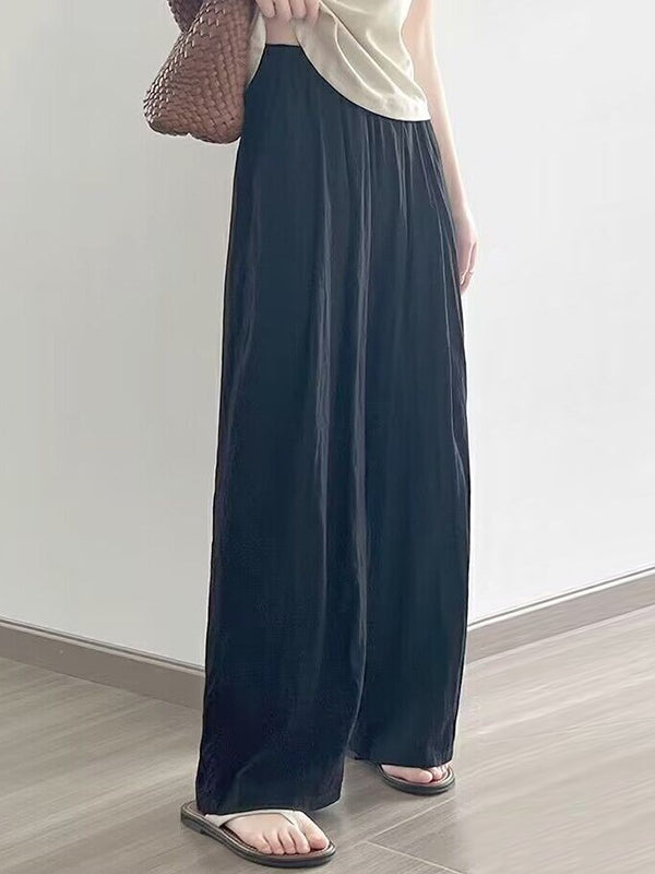 Pantalon ample plissé taille haute, à taille élastique, à poches, couleur unie