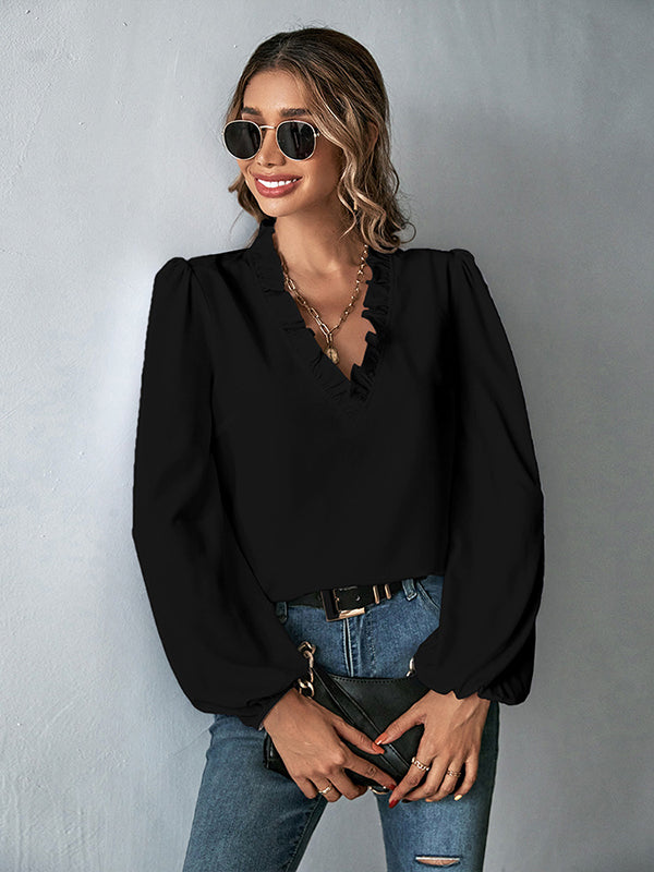 Chemisier décontracté ample à manches bouffantes, à falbalas, à col en V, couleur unie