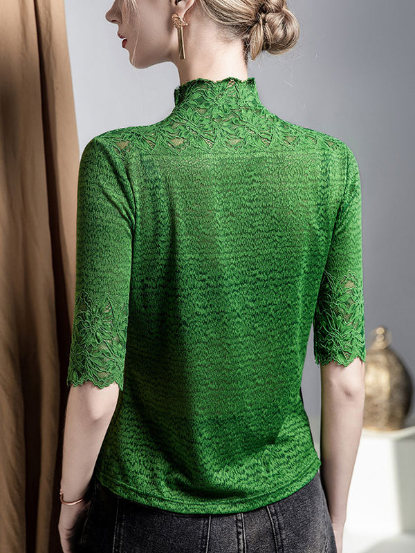 Faux Deux Demi Manches Légèrement Transparent à empiècements Texturé Col Haut T-shirts