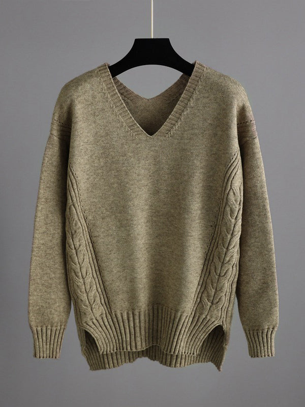 Ensemble deux pièces élégant ample à manches longues, à col en V, à jambes larges, couleur unie – pull + pantalon