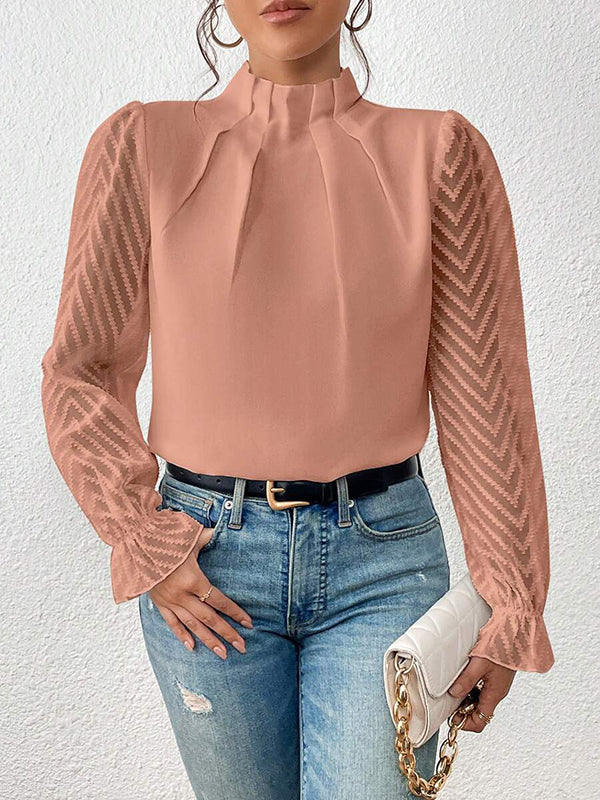 Chemisier ample plissé à manches longues, à taille élastique, en résille, à col cheminée, couleur unie