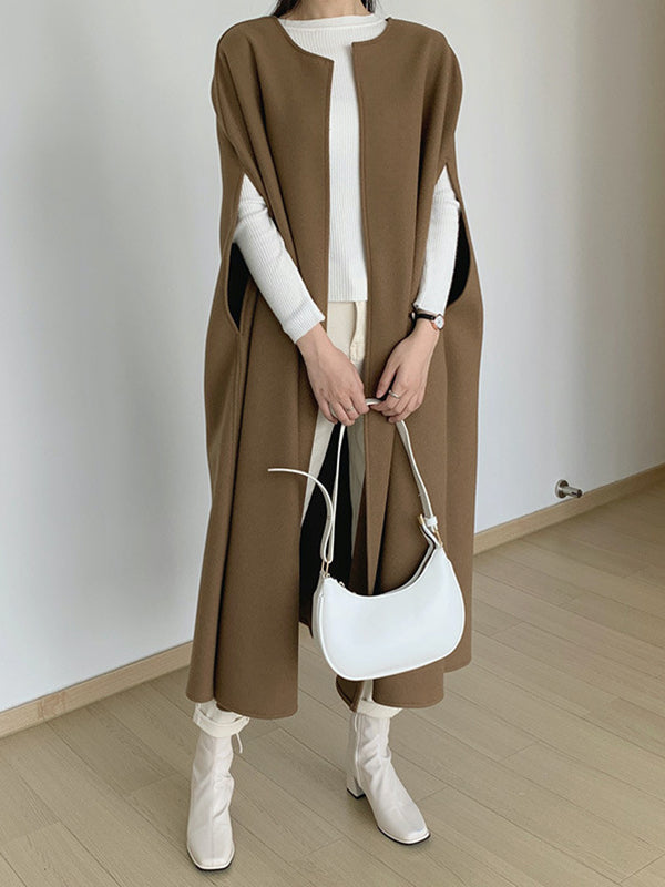 Veste ample sans manches, à col rond, style cape, couleur unie