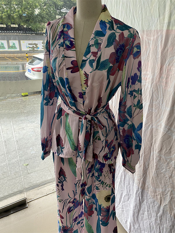 Ensemble deux pièces taille haute, à manches longues, à imprimé floral, à taille nouée, à col en V – chemise + haut + pantalon