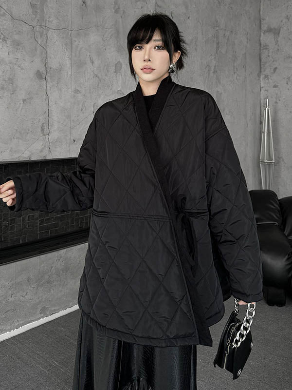 Manteau rembourré à manches longues, ample, à carreaux, couleur unie, à empiècements, noué, sans col, vêtements d'extérieur