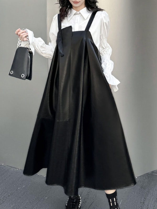 Robe trapèze ample asymétrique plissée, couleur unie, à empiècements, col carré, robe mi-longue