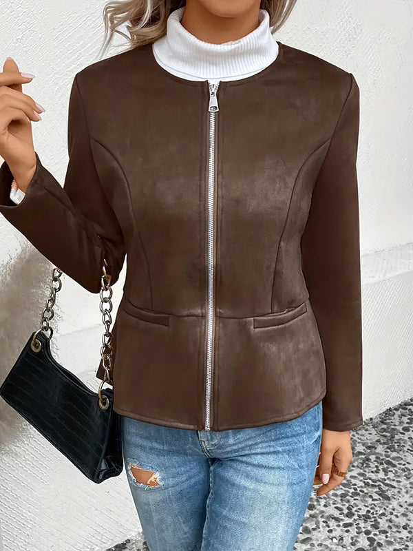 Veste ample à manches longues, à poches, à empiècements, à fermeture éclair, à col rond, couleur unie
