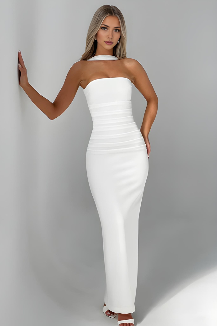 Deborah - Robe maxi bandage sans bretelles avec drapé en chiffon