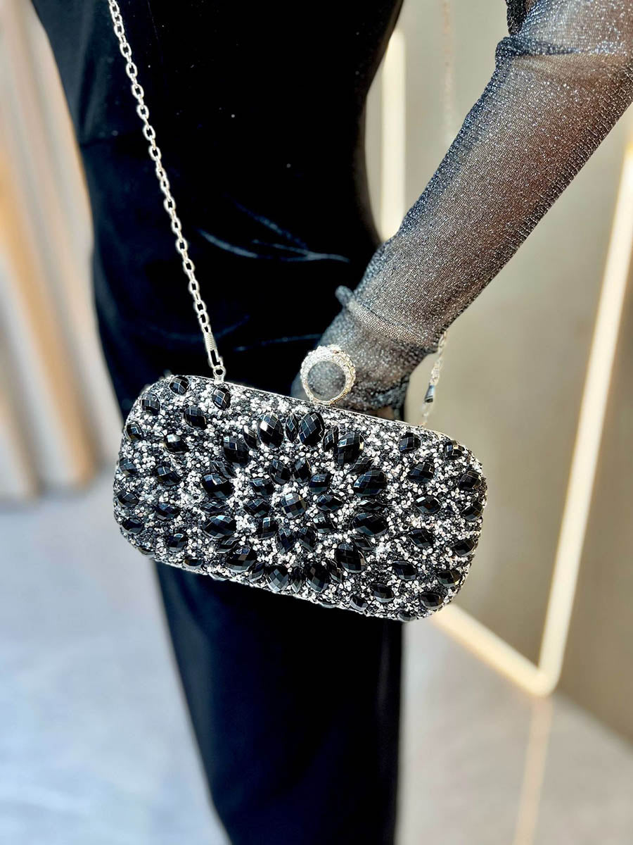Pochette de soirée géométrique brillante à chaîne, à cadenas, à strass