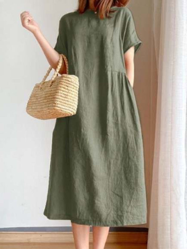 Robe mi-longue décontractée ample à col rond, couleur unie