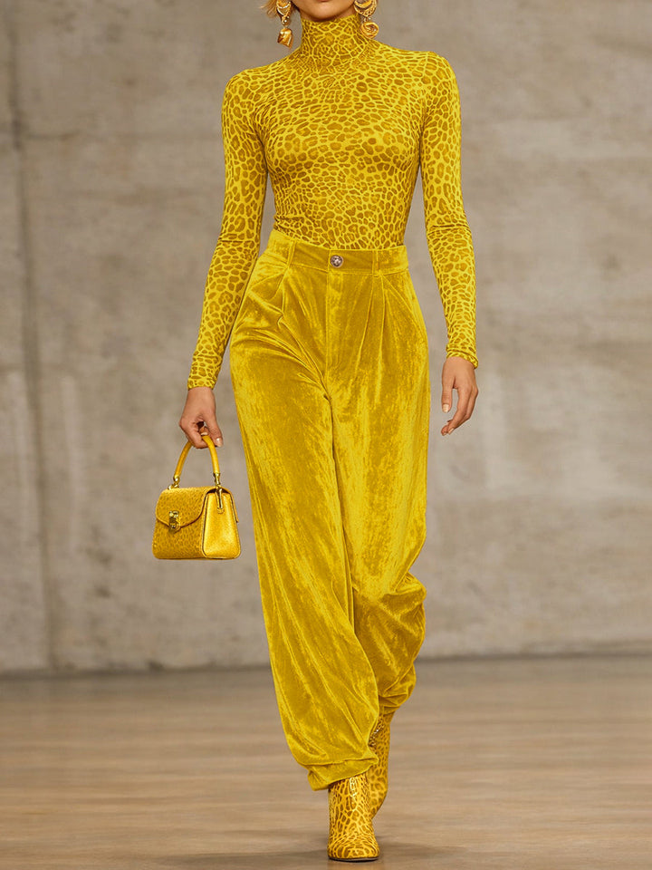 Pantalon plissé taille haute, à poches, en velours, couleur unie
