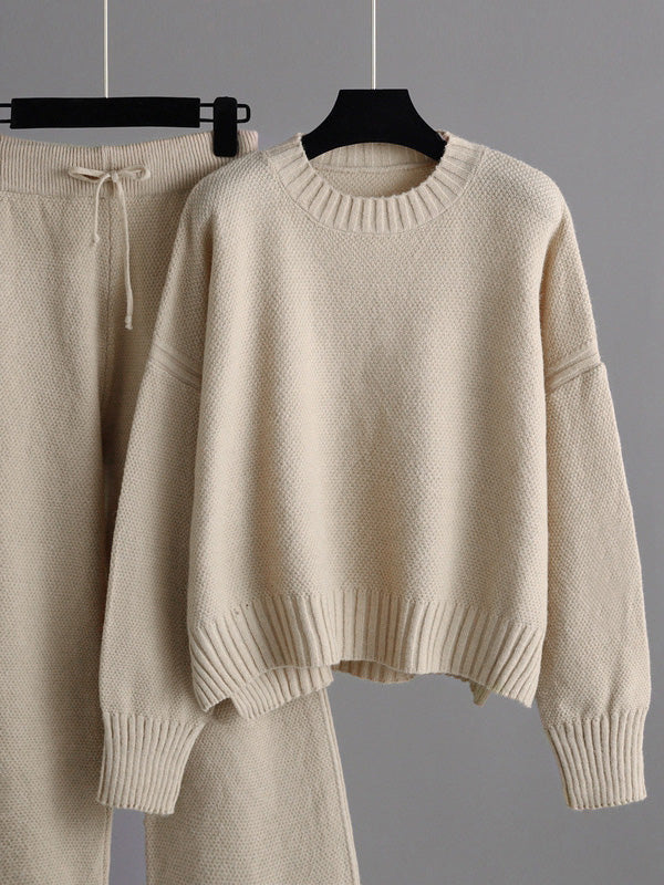 Ensemble deux pièces élégant ample à ourlet plongeant, à manches longues, à col rond, à jambes larges, couleur unie – pull + pantalon