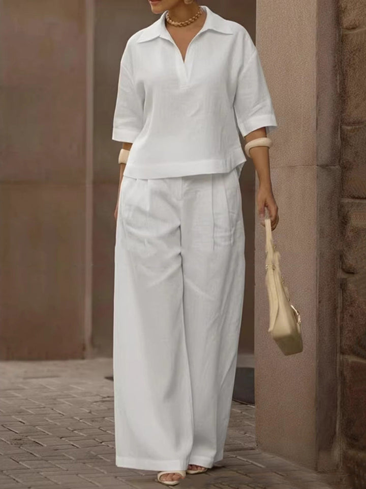Ensemble deux pièces plissé à manches mi-longues, à col revers, taille haute, couleur unie – chemisier + pantalon