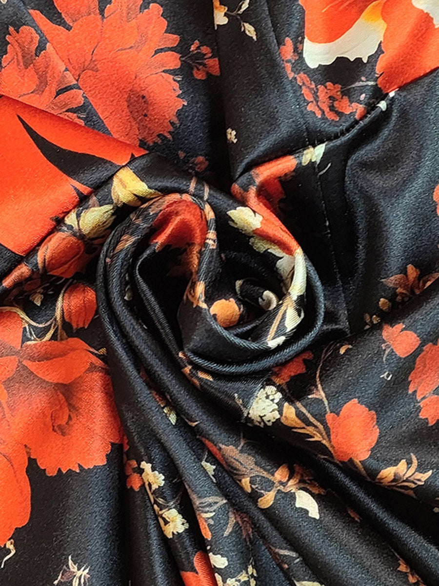 Robe courte moulante fendue dans le dos taille haute, à imprimé floral, à empiècements, à col revers, couleur contrastée