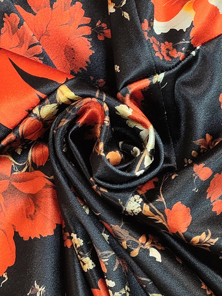 Robe courte moulante fendue dans le dos taille haute, à imprimé floral, à empiècements, à col revers, couleur contrastée