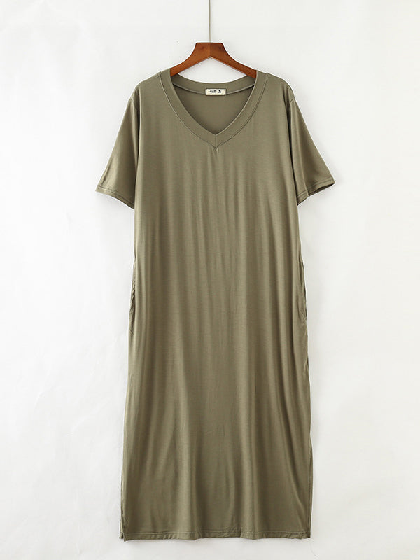 Robe de pyjama simple à manches courtes, ample, fendue sur le côté, couleur unie, col en V
