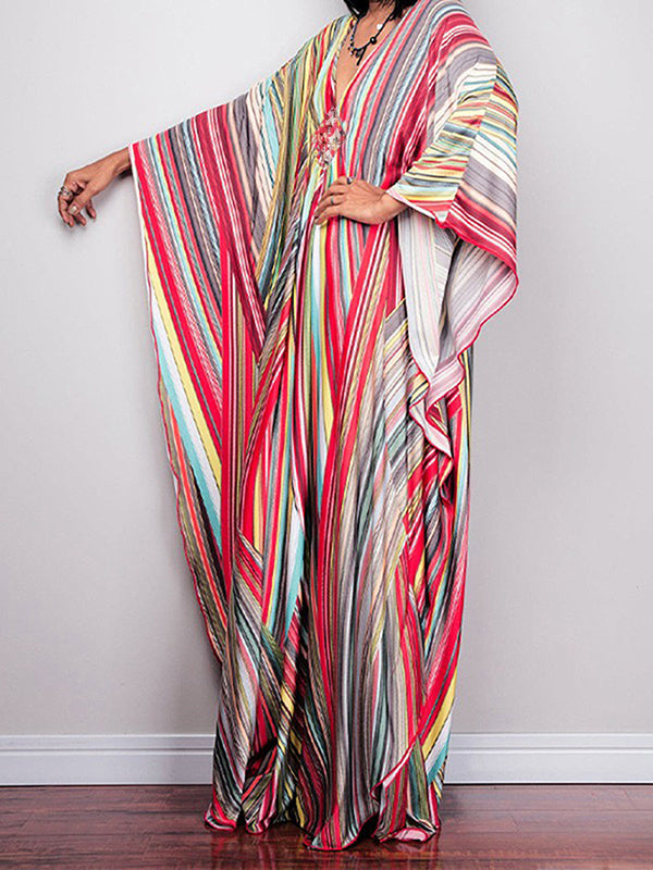 Robe longue ample imprimée rayée à manches chauve-souris, à empiècements, à col en V
