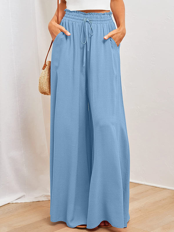 Pantalon ample plissé taille haute, à cordon de serrage, à taille élastique, à poches, couleur unie