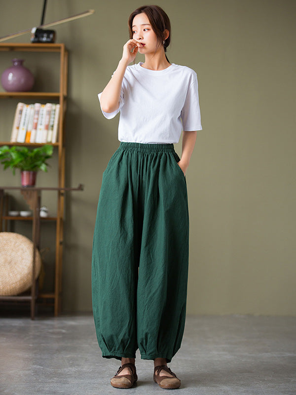 Knickerbockers à jambes larges et amples en lin, couleur unie, cordon de serrage plissé