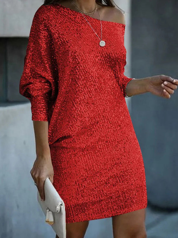 Robe courte ample asymétrique coupe trapèze, à sequins, asymétrique à une épaule, couleur unie